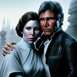 old carrie fisher embracing harrison ford in star wars, waist up portrait, photorealistic faces, intricate, masterpiece, expert, insanely detailed, 4k resolution, cinematic smooth, intricate detail , soft smooth lighting, soft pastel colors,