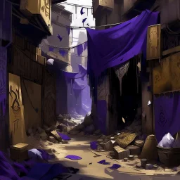 A dark purple district covered in trash designed in ancient Egyptian hieroglyphics painted by Edouard Manet