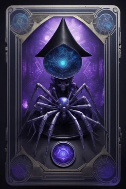 sacred geometry framed playing card, black, blue and purple drum set spider xtal priestess cyber in witch hat shadows boss card in the style of Giger and fallout 4 ,bokeh like f/0.8, tilt-shift lens 8k, high detail, smooth render, down-light, unreal engine