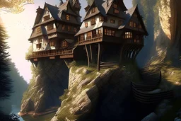 small wooden medieval gothic twisted house built into a cliff, trees, balconies, walkways, bridge, sunshine, lake