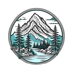 mountains river, cedar tree, rhododendron on the front, all on simple vector emblem