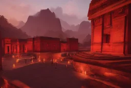 Incan architecture, city, red glow, atmospheric, realistic, unreal engine, cinematic lighting, octane render.