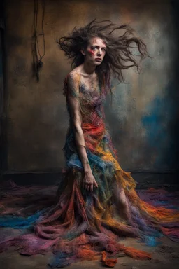 Bound and thrown to the floor, a woman exudes vulnerability in a fantastical setting. Her tattered gown clings to her bruised skin, hair tangled and wild. The scene is depicted in a stunning photo, showcasing intricate details and vivid colors. it captures the desperation and strength in her eyes, making the viewer feel the intensity of her situation. This masterful image blends beauty with turmoil, immersing the audience in a powerful narrative.