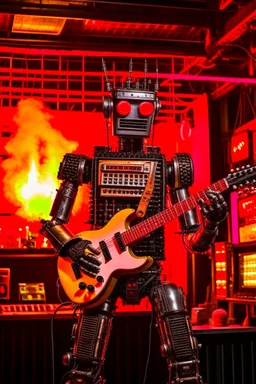 A hard rock robot hosts a radio show in a burning club