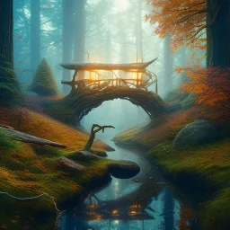 Will-o’-Wisp , wood and rope bridge in magical forest, spray painting, autumn foliage frame, fantasy art , sun, movie poster, Realistic photography, incredibly detailed, ultra high resolution, 8k, complex 3d render, cinema 4d, color corrected