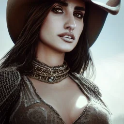 best quality, realistic lighting, masterpiece portrait of Penelope Cruz, details, light dusting of freckles, cowboy shot from above, simple chain hauberk, warhammerVector art matte painting digital illustration 3D shading CryEngine Behance HD 3Delight