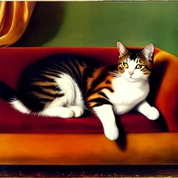 portrait of a Cat in a sofa,by Pierre-Auguste Renoir, no frame, no signature,cinematic composition, extreme detail,fit full body inside picture,8k