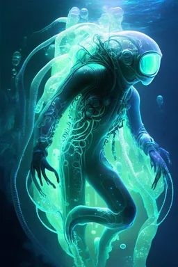 scuba diver, futuristic scuba suit, weightless swimming, bioluminescent sea, squid tentacles, translucent skin