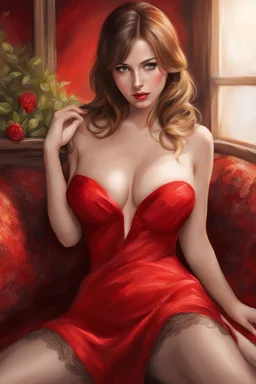 A stunning, seductive woman in a fiery red dress, casting a shy glance over her shoulder.