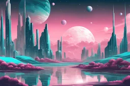 teal and aquamarine and pink space world sci-fi futuristic landscape cityscape with planets and stars in an illustrated anime style