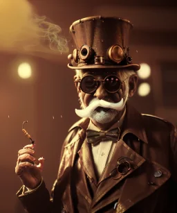 steampunk, cabaret scene. old man. little monkey, Sunglasses, rain, smoking, happy, hot. people background, highly detailed, concept art, unreal engine 5, god rays, ray tracing, RTX, lumen lighting, ultra detail, volumetric lighting, 3d, finely drawn, high definition, high resolution.