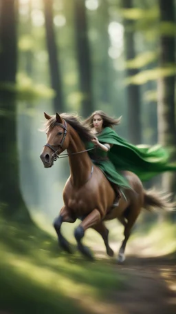 motion blur fast running caped long haired pixie Quickling - Forgotten Realms dodging arrow along winding branches in lush green forest along speeding horses , bokeh like f/0.8, tilt-shift lens 8k, high detail, smooth render, down-light, unreal engine, prize winning