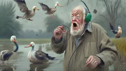 old man talks on phone while chasing ducks away, looking very confused