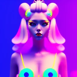 blonde woman teenager, geisha, retro futuristic, latex dress, gradient color, BLUE, PINK, CYAN, neon, insanely detailed, 16k resolution, perfect eyes, cinematic smooth, intricate detail