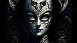 A mesmerizing close-up portrait of a masked woman, her mysterious, captivating eyes drawing the viewer in. The mask is intricately designed, featuring a delicate white lace pattern across her cheeks. She is dressed in a tight, form-fitting black period costume that accentuates her elegance. In the foreground, a chess table showcases bizarre, biomorphic creature pieces, each meticulously detailed and unique. The background is dark and mysterious, adding to the enigmatic atmosphere of this captiva
