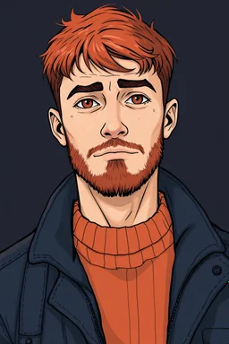 Young man, red hair with short trimmed beard, gentle brown eyes, with thick eyebrows, pointed nose, strong jaw, round face, muscular neck, fisherman sweater with navy mariners coat, dark graphic novel art style, no wrinkles