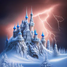 ice castle, ski tracks and blue storm clouds and lightening