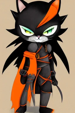 cat 2d, knight, ninja, black fur,full body, orange torn coat,game character, strong, anime, chibi