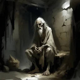 digital illustration, centered in the composition is full body portrait of an emaciated old man with long stringy white hair in tattered rags shackled by the arms held above his head to stone wall in a creepy dungeon, dim lighting, walls are moist, dramatic, by Ashley Wood, style of Frank Frazetta