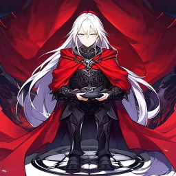 Vampire knight, young man, handsome, long white hair, black full plate armor, red cape