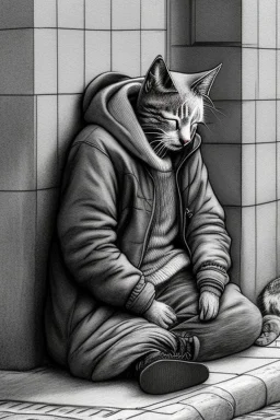 One single mature homeless cat with worn out clothes, sleeping in a corner on the street, Vienna, mourning, model style, hyper realistic, extremely accurate, delicate, extremely detailed, Graphic novel style, wide-angle, open aperture, superfine pencil