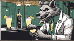 A happy werewolf with a pompadour haircut drinking a Pina Colada at a bar in London. Illustration.