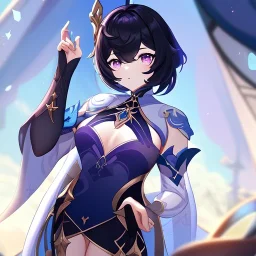 Clear focus,High resolution, Black short fluffy hair, and purple eyes, wearing a Genshin Impact Inspired Outfit,Detailed Clothes,A little bit revealing, must wear a short skirt