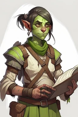 Dungeons and dragons half orc tomboy. She has green skin and pointy ears. She is kind. She had a wide face. She has short hair. She carries a book. She is in a tavern. Realistic style