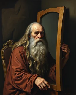 Bosch painting style ,nightmare, an old man with long hair and beard from the the 7th century sitting in front of a mirror