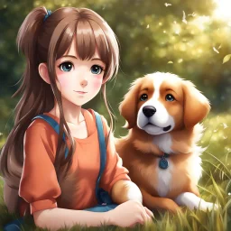 very beautiful realistic anime 10 years old girl with a furry Dog