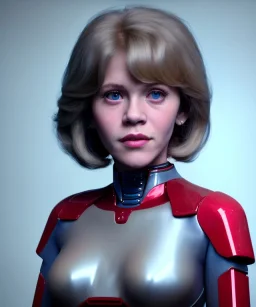 Artist, young jane fonda, 15 years old, android woman, sweet, clean skin, short hair, circuits, ghost in the shell, latex coat, feather, cyber punk, neon, bamboo, blood, portrait, studio photo, unreal engine 5, soft color, 16 bit, god lights, ray tracing, RTX, lumen lighting, ultra deatail, volumetric lighting, 3d, finely drawn, hd.