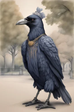 Pencil colour drawing. Anthropomorphic raven dressed in empress Elizabeth style standing in a park in Vienna
