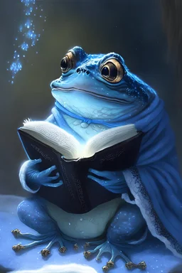 a very happy iceblue young toad wearing a black scarf and reading a sorcery book