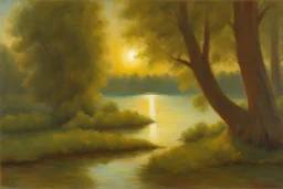 sunny day, lake, trees, sci-fi, trascendent, cosmic influence, friedrich eckenfelder and hans am ende impressionism paintings