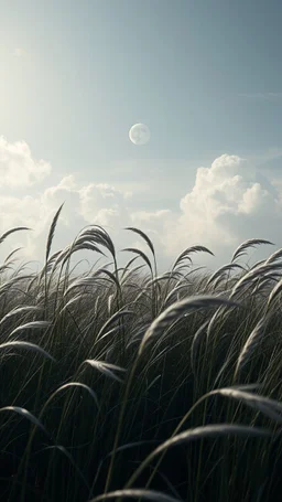 Windblown grass with winds with clouds and moon in the background, high quality picture 8k, beautiful cinematic lighting and all gray colors , ufo starship in the background in a distance