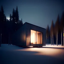 analog film style - small front elevation of a centered minimal house squared off and centered in frame on a landscape at night lit by ambient twilight. The house is dimly cool lit from the inside, casting a soft glow on the fresh snow around it. The background features tall, icy trees below aroura borealis sky, with subtle hints of snow falling silently. The scene is quiet and still, evoking a sense of liminal isolation in the midst of a cold winter's evening.