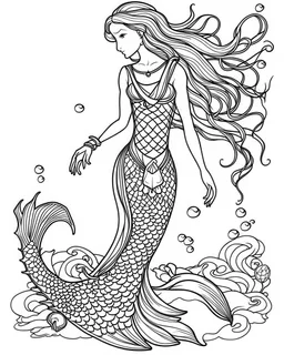 A mermaid, coloring image, full body (((((white background))))), only use an outline., real style, line art, white color, clean line art, white background, Sketch style