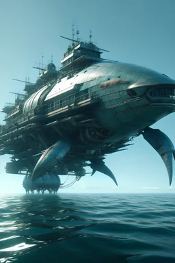 giant mech that looks like fish floating on the surface of the sea