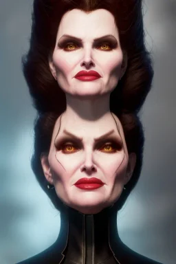 Geena Davis as evil queen in black leather, leather, busty, cleavage, angry, rage, stern look. character design by cory loftis, fenghua zhong, ryohei hase, ismail inceoglu and ruan jia. unreal engine 5, artistic lighting, highly detailed, photorealistic, fantasy