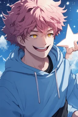 An androgynous young man with tousled pink hair and golden eyes floating among the stars wearing a light blue hoodie and black board shorts. He is smiling softly and holding a star in one hand.