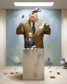 Putin, President Xi Of China And Joe Biden Play Chess With A Pigeon,Ufo And Atomic Bomb Mushroom Cloud,Complex Surgical Instruments Intermixed With A Newborn Boy,Minimalism,Painting By Adrian Ghenie,Rene Magritte,Pablo Picasso,Michelangelo,Salvador Dali,Lucian Freud