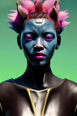 Medium Close Up Portrait, Front image. cyberpunk, rabbit eyes mask, Afro woman, pink hair. Leather tracksuit. Red, black, gold, color. Ghost in the shell style. Color background, photo studio. Avatar image, highly detailed, concept art, smooth, unreal engine 5, god rays, ray tracing, RTX, lumen lighting, ultra detail, volumetric lighting, 3d, finely drawn, high definition, high resolution.