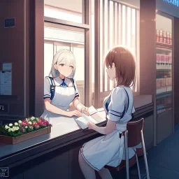 one anime girl in a waitress uniform sitting at a booth in a busy diner with two identical white coffee cups on the table, one white teacup is full and the other white cup is empty, windows and a door, cashier, customers