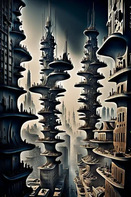 a stunningly weird image of a futuristic metropolis using Salvador Dali's paranoiac-critical method, where buildings and structures appear to melt into the skyline cityscape is filled with floating mad, twisted sharp metal shapes that interact with the buildings and each other, forming a surreal tableau of a dreamlike reality. neu-steampunk vibe, essence of the scene in a cinematic manner, with dramatic shadows that enhance the distorted perspectives and bizarre