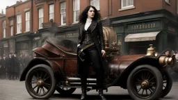 full-height portrait of a woman with straight shoulder-length black hair, with metal arms and legs, dressed in leather trousers, and a waistcoat, in a busy Victorian street next to a steampunk car