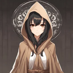 anime, female hooded figure, black hair, brown robe