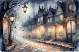 Prompt: a lantern glowing softly on a cobblestone street, mist swirling, with old Victorian houses lining the path, watercolor, mysterious, nocturnal