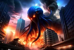 Digital art, high quality, digital masterpiece, natural illumination, realistic, action film style, (full body:2.5), (1 giant alien octopus attacking a city:3), (Dark tones:1.8), (Blue radioactive bright:1.8), (tall:1.8), (Buildings in flames:1.8), (japanese city town at background:1.8), japanese city, radioactive shine, stormy day, thunders,lightnings, (Halo in the sky:2)