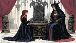 [colour illustration for Sorceress (1982)] Leigh Harris as the dark Lady of Whispers sits upon her ornate throne looking down at Lynette Harris the poor farmer woman knelt before her, her eyes downcast in a mixture of fear and defiance.