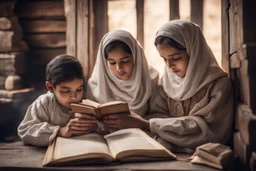 A close-up scene of an Arab mother reading the story from a book with her children around her in the room of the old wooden house near the fireplace 100 years ago.